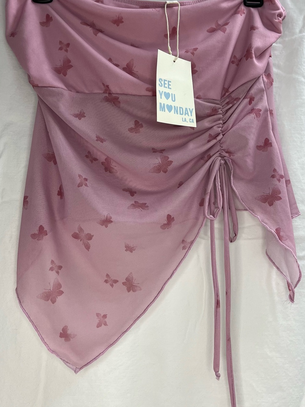 See You Monday Mauve Pink Butterfly Sheer Ruched Top. NWT. Sz. XL